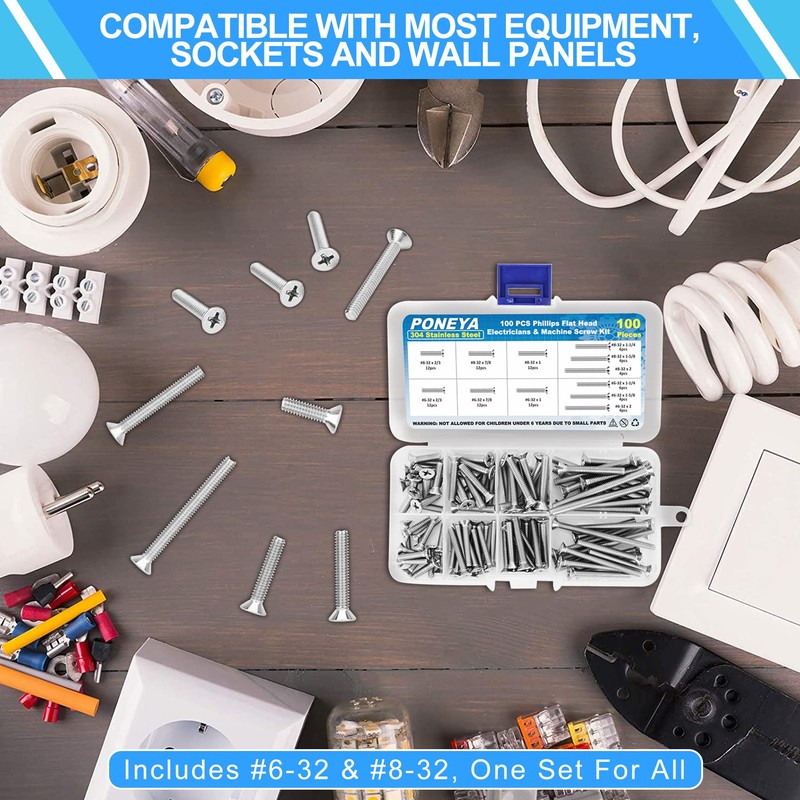 Machine Screws, 100 PCS Phillips Flat Head Electricians Screw Kit
