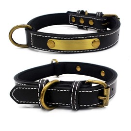 Shorven Soft Genuine Leather Custom Dog Collar with ID Tag Engraved Nameplate (XL: Neck (18.1-22"), Black)