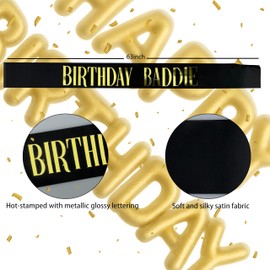 GLITZJOY Birthday Sash, BIRTHDAY BADDIE SASH Black Glitter Sash with Gold Foil Sparkly Satin Birthday Sash for Women Girls Men Decorations for Party Supplies