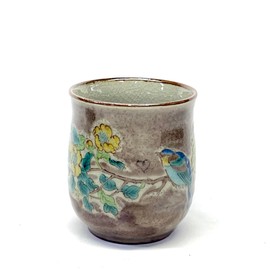 百華園 九谷【湯呑】大 紫塗り金糸梅に鳥【裏絵】