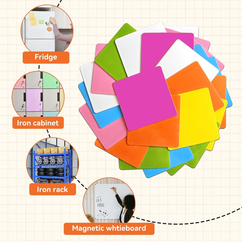 Reusable Magnetic Sticky Notes,3”x3”,24Pack,Dry Erase Magnets Magnetic Labels,Bright Colors Magnet