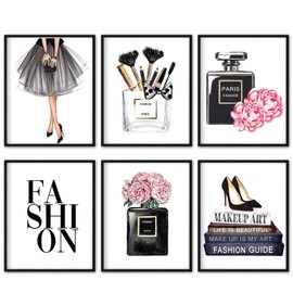 Fashion Woman Picture Wall Arts Black 6 Pack & Pink Fashionable Pictures Decorations Handbag Flower High Heels Cosmetics Prints Glam Paintings for Girls Bedroom Bathroom Decor 8x10Inches UNFRAMED