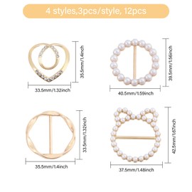 Globeland Pack of 12 4 Styles T Shirt Clips Ties for Women Pearl Scarf Ring Buckle Clips Round Circle Rhinestone Clip Buckle Clothing Ring Wrap Holder with Storage Box for Women Decorative