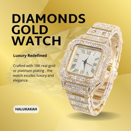Halukakah Diamonds Watch Iced Out for Boy Teens Kids - 18K Real Gold Plated,40mm Square Dial,Japanese Quartz - 20cm Length - Comes with Cuban Chain 40cm,with Watch Adjuster Tool - for Birthday,Parties