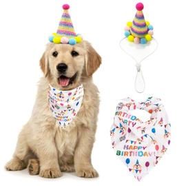 TSJ Dog Birthday Party Supplies Pet Mini Party Hat with Pom Poms Dog Birthday Bandana for Collar
