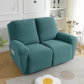 JIVINER 6-Piece Loveseat Recliner Slipcover Stretch Jacquard Recliner Sofa Cover 2 Seater Washable Reclining Couch Cover with Pocket Fitted Furniture Protector Cover (Loveseat Recliner, Peacock Blue)