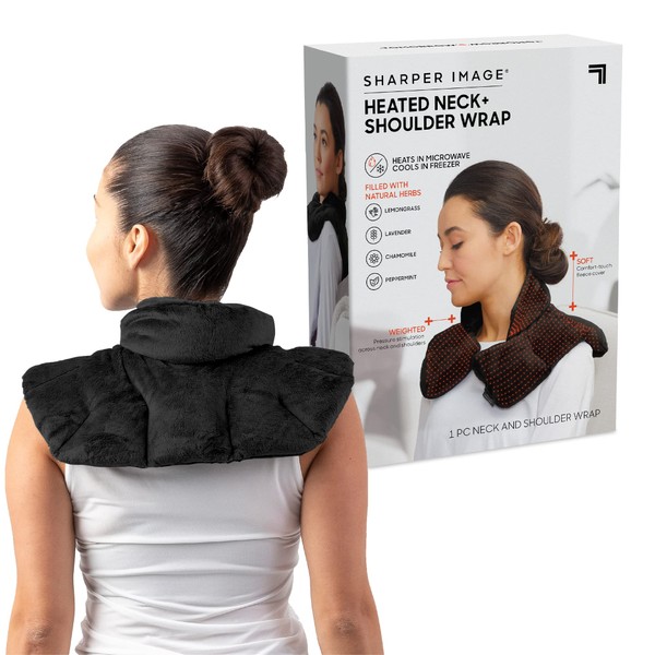 Heated Neck & Shoulder Wrap by Sharper Image - Microwavable Warm & Cooling Plush Pad with Aromatherapy (100% Natural Lavender & Herb Spa Blend) - Soothing Muscle Pain & Tension Relief Therapy - Black