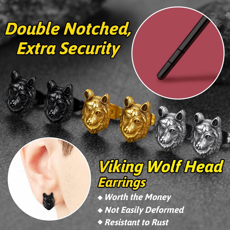 Norse Viking Wolf Stud Earrings Stainless Steel Retro Fenrir Ear