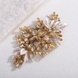 Xerling Handmade Wedding Champange Rhinestone Hair Comb Floral Bridal Headpiece Brides Flower Hair Piece Accessories Vintage Side Comb for Women (Champange)