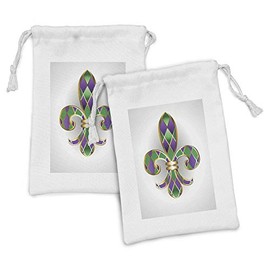 Ambesonne Fleur De Lis Fabric Pouch Set of 2, Golden Yellow Colored Lily Diamond Shapes Royalty Theme, Small Drawstring Bag for Toiletries Masks and Favors, 9" x 6", Purple Green