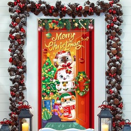 DPKOW Cat Christmas Door Banner for Christmas Decorations, Cat Christmas Banner Christmas Door Cover for Front Door, Fabric Christmas Porch Banner for Christmas Door Decoration Supplies, 185 * 90cm