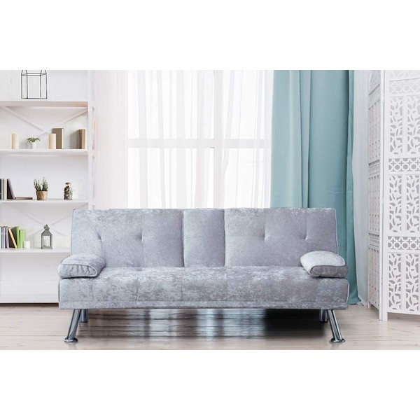 Comfy Living Italian Style Luxury Sofa Bed with Drink Cup Holder Table Crush Velvet 4 Colours (Silver)
