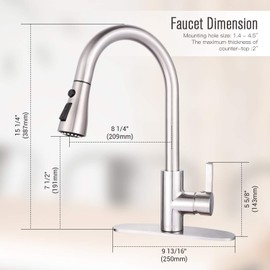 Sink Faucet, Dalmo Single Handle High Arc Brushed Nickel Pull Down Kitchen Faucet with 3 Spray Modes, Stainless Steel Kitchen Sink Faucet with Deck Plate