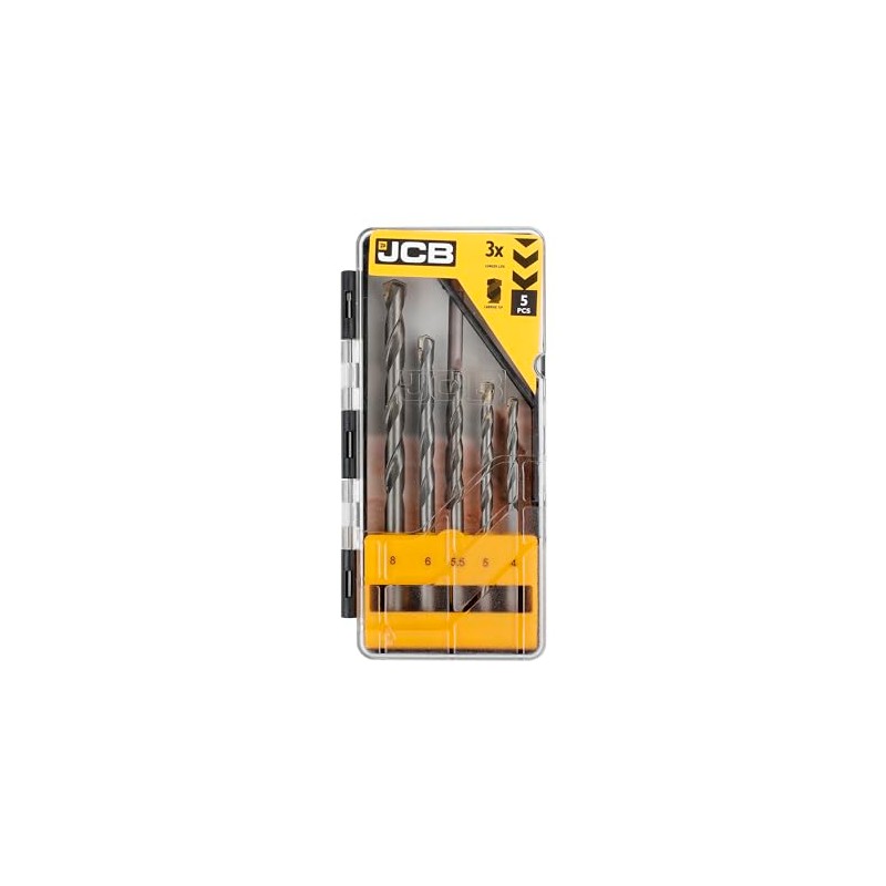 JCB Masonry Drill Bit Set, 5 Pieces, Solid Steel, Carbide