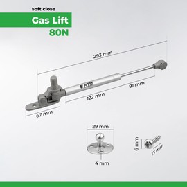 ATM® Gas pressure damper with brake for furniture and flap fronts, 247 mm, soft-close, opening angle 80° - 100°, robust and easy installation, pack of 4, force: 80N