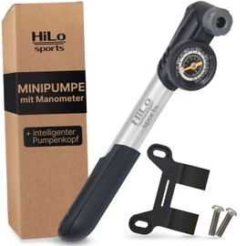 HiLo sports Bicycle Pump Small for All Valves - Intelligent Pump Head - Automatic Valve Change - 8 Bar Barometer Mini Air Pump - Mini Bicycle Pump with Frame Mount (Silver-Black)