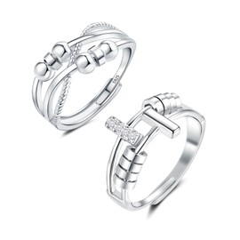 Kamise Silver Anxiety Ring, 2PCS 925 Sterling Silver Fidget Ring for Anxiety Women, Adjustable Anti Anxiety Rings Set with Beads, Spinner Relief Rings with Zircnoia, Unisex Stress Rings for Couples