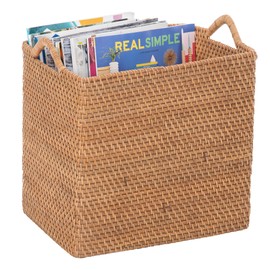 Loma Rectangular Square Rattan Storage Basket with Handles - Small - Honey-Brown - Coastal-Inspired Handwoven Rattan Basket for Home Organization & Décor