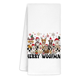 CIOJUNE Christmas Dog Kitchen Towels, Merry Woofmas Christmas Hand Towels for Bathroom, Christmas Dog Dish Towels Tea Towels for Kitchen, Christmas Dog Decor for Kitchen Bathroom, 16x24 Inches