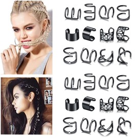 12 Pcs Black Hair Braids Dreadlock, Non-Piercing Ear Clip Beard Beads Cuffs Clip Hair for Women Men Hair Accessories Styling Jewelry Tools
