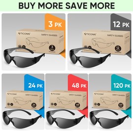 TICONN 24 Safety Glasses for Men, Safety Goggles with Scratch Impact Resistant Meets ANSI Z87.1 Standard (Charcoal, 24 Pack)