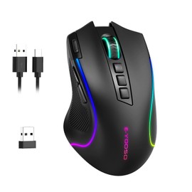 E-YOOSO Gaming Mouse, Tri-Modes Wireless/Bluetooth/Wired Rechargeable RGB Gamer Mouse with 2 Side Buttons, Rapid Fire Key, 8000 DPI, 6 Backlit Modes, 9 Programmable Buttons Macro