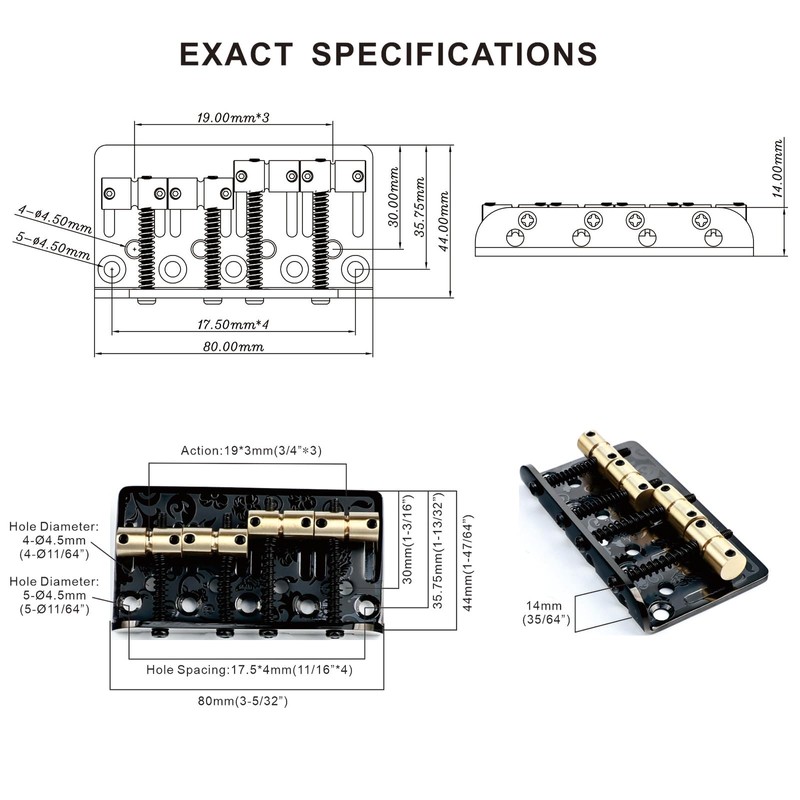 OVSAL Stainless Steel 4 String Fixed Engraved Electric Bass Bridge