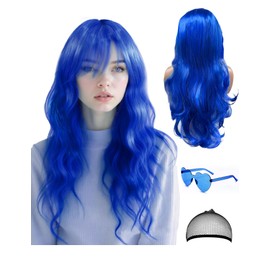 NSODREEM 28 Inch/70 cm Blue Wig Long Curly Wig and Party Sunglasses, Cosplay Color Wig with Neon Glasses for Women - Bachelorette Party Wigs Decorations Favors (Blue)