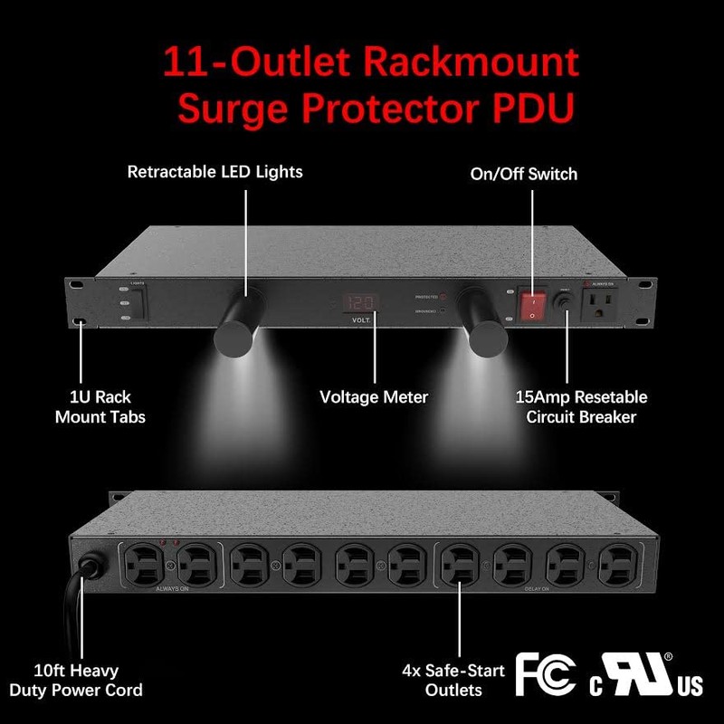 Clear Power 11-Outlet 2160J Rackmount Surge Protector PDU w/LED Lights