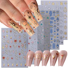 Gold & Silver Nail Decals - Sun Moon Pendants, Love Heart, Retro Stars & Lines - 3D Self-Adhesive DIY Nail Art Accessories (7 Sheets)