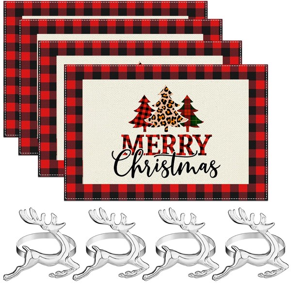 Set of 8 Christmas place mats, 4 Christmas tree red place mats Christmas with 4 reindeer napkin rings, Christmas for Christmas parties, banquets, table decoration, Christmas set