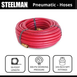 Steelman 50-Foot x 3/8-Inch ID Rubber Air Hose for Pneumatic Tools, 3/8-Inch Male NPT Brass Fittings, 300-PSI Working Pressure, Abrasion/Chemical Resistant, Premium Rubber