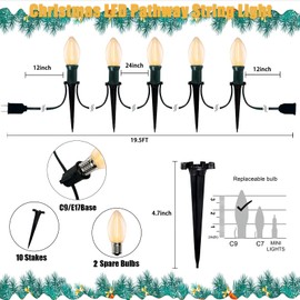 38Ft C9 Led Christmas Pathway Lights Outdoor, 25 C9 LED Warm White Bulbs String Lights Waterproof with Stakes, Connectable Christmas Walkway Lights for Outdoor Yard Lawn Sidewalk Driveway Decor