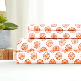 Sleepdown 100% Cotton Sheets Queen Size Bed Set - Ultra Soft 4 Pcs Queen Sheet Set, Cool & Crisp Breathable Percale Sheets Queen, 16" Deep Pocket Bed Sheets Queen Size (Mandalas Coral, Queen Sheets)