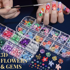 FANDAMEI Nail Art Brushes, Nail Art Kit with 15 Pcs Nail Art Brush, 5 Pcs Dotting Tools, 6 Box Nail Charms and Gems, 10 Flower Nail Stickers, Complete Nail Decoration Art with Nail Art Brushes Black