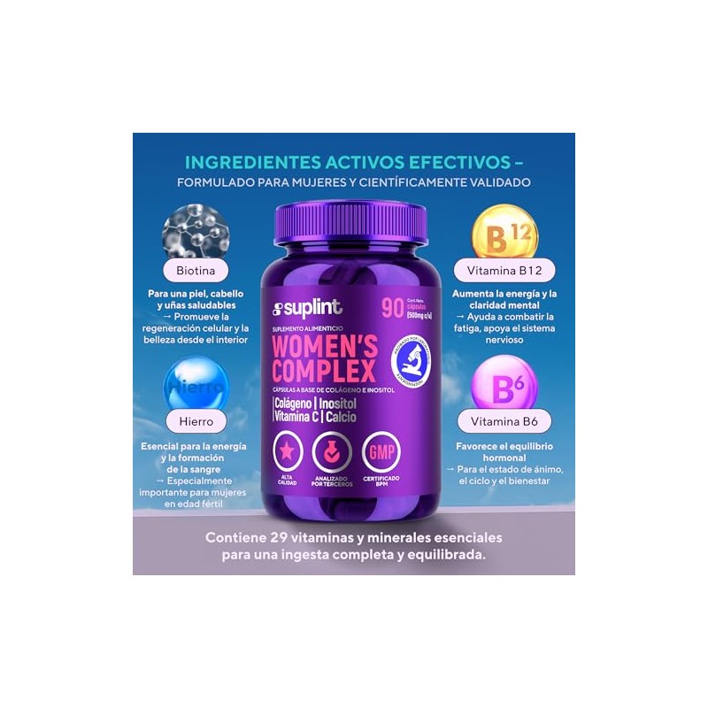 Vitaminas Mujer Colágeno Hidrolizado Inositol Biotina Ácido Fólico Complejo Multivitamínico