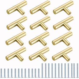 Cabinet Door Knobs, 12 Pack Kitchen Door Handles, Cabinet Handles Stainless Steel Cupboard T Bar Handle with Screws in 22 mm & 40mm, for Kitchen Cupboard Door Dresser Drawer Pull knob, Brushed Gold
