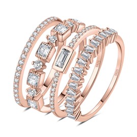 JewelryPalace Princess Emerald Cut CZ Stackable Wedding Ring Eternity Bands for Women, Cubic Zirconia 925 Sterling Silver 14K Rose Gold Plated Promise Ring for Her, 4pc Anniversary Ring Sets Size 6