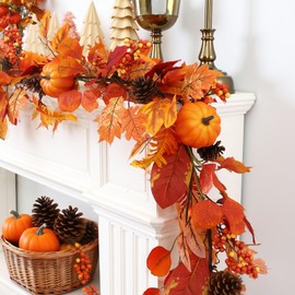 Joyhalo 6FT Fall Leaf Garland with Orange Leaves,Pines and Pumpkins,Outdoor Fall Garland Harvest Decorations for Home,Mantle,Porch,Fireplace and Wedding