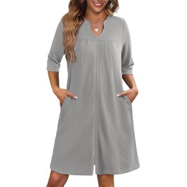 Ekouaer Zipper Robes for Women 3/4 Sleeve Waffle Knit Bathrobe Lightweight Short Housecoat with Pockets Soft Loungewear