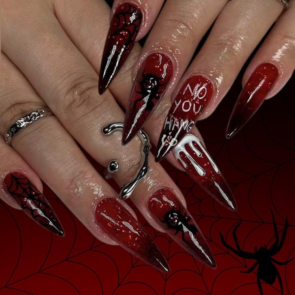 Halloween Press on Nails Medium Stiletto Fake Nails Spider and