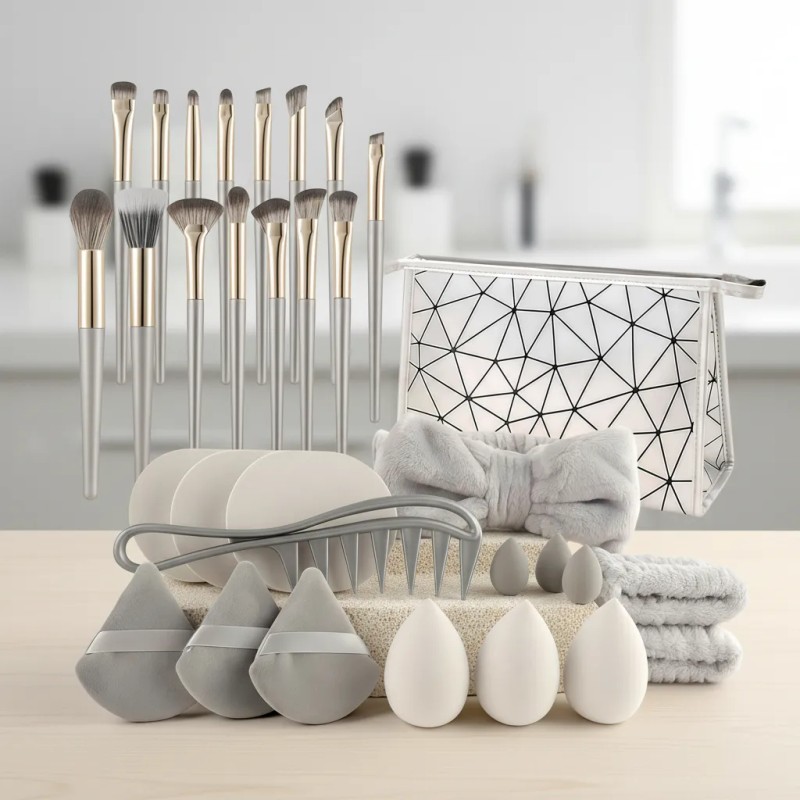 Kit De Herramientas De Maquillaje Con Brochas Y Esponjas Gris