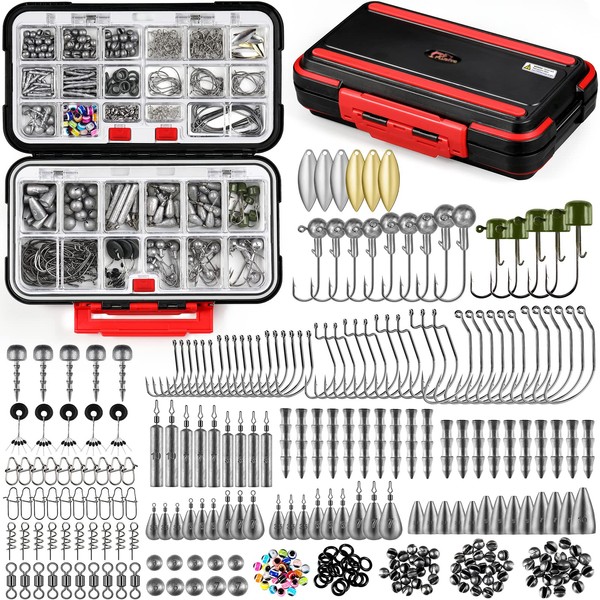 PLUSINNO 253/108pcs Fishing Accessories Kit, Fishing Tackle Box with Tackle Included, Fishing Hooks, Fishing Weights, Spinner Blade, Fishing Gear for Bass, Bluegill, Crappie