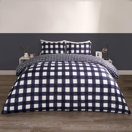 OHS Blue Double Duvet Set, Gingham Reversible Bedding Double Bed Set Decorative Luxury Plaid Check Duvet Covers with Pillowcases Super Soft Comfy Quilt Bedding, Navy Blue
