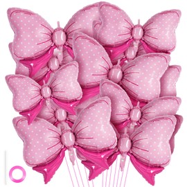12 Pcs Pink Bow Balloons for Girls,Giant Bow Foil Balloons,Pink Bows Gender Reveal Decorations for Birthday Party Wedding Baby Shower Mouse Party Decoration