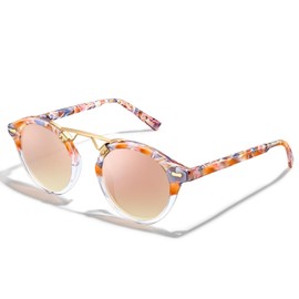 CARFIA Small Pink Mirrored Polarized Sunglasses for Women UV Protection, Acetate Eyewear Double Bridge Metal Brow Sunnies