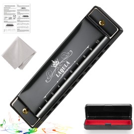 Harmonica Diatonic 10 Holes C Tone Beginner Advanced Airtight Blue Harp Case, Polishing Cloth and Instructional (Black)