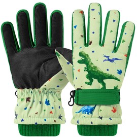 Kids Ski Gloves Waterproof Winter Snow Gloves Snowboarding Gloves Non Slip Windproof Sport Mittens for Boys Girls Youth Sledding Riding Driving Hiking (Dinosaur Green, 6-10 Years)