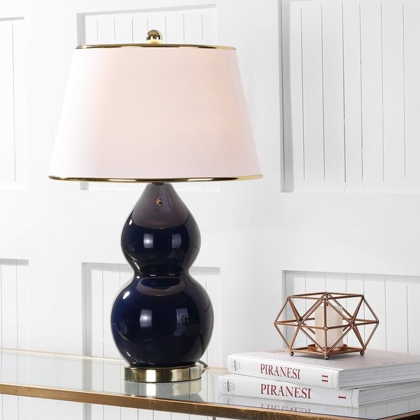 Safavieh Lighting Collection Jill Navy Double Gourd Ceramic 27-inch Bedroom Living Room Home Office Desk Nightstand Table Lamp (Set of 2) - LED Bulbs Included