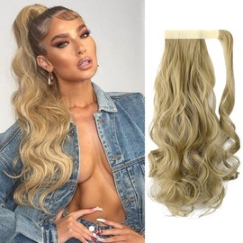 FELENDY 18 Inch Ponytail Extension Wrap Around Curly Wavy Drawstring Pony tail Hair Clip in Synthetic Hairpiece for Women